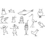 Vector image of line art animals and people